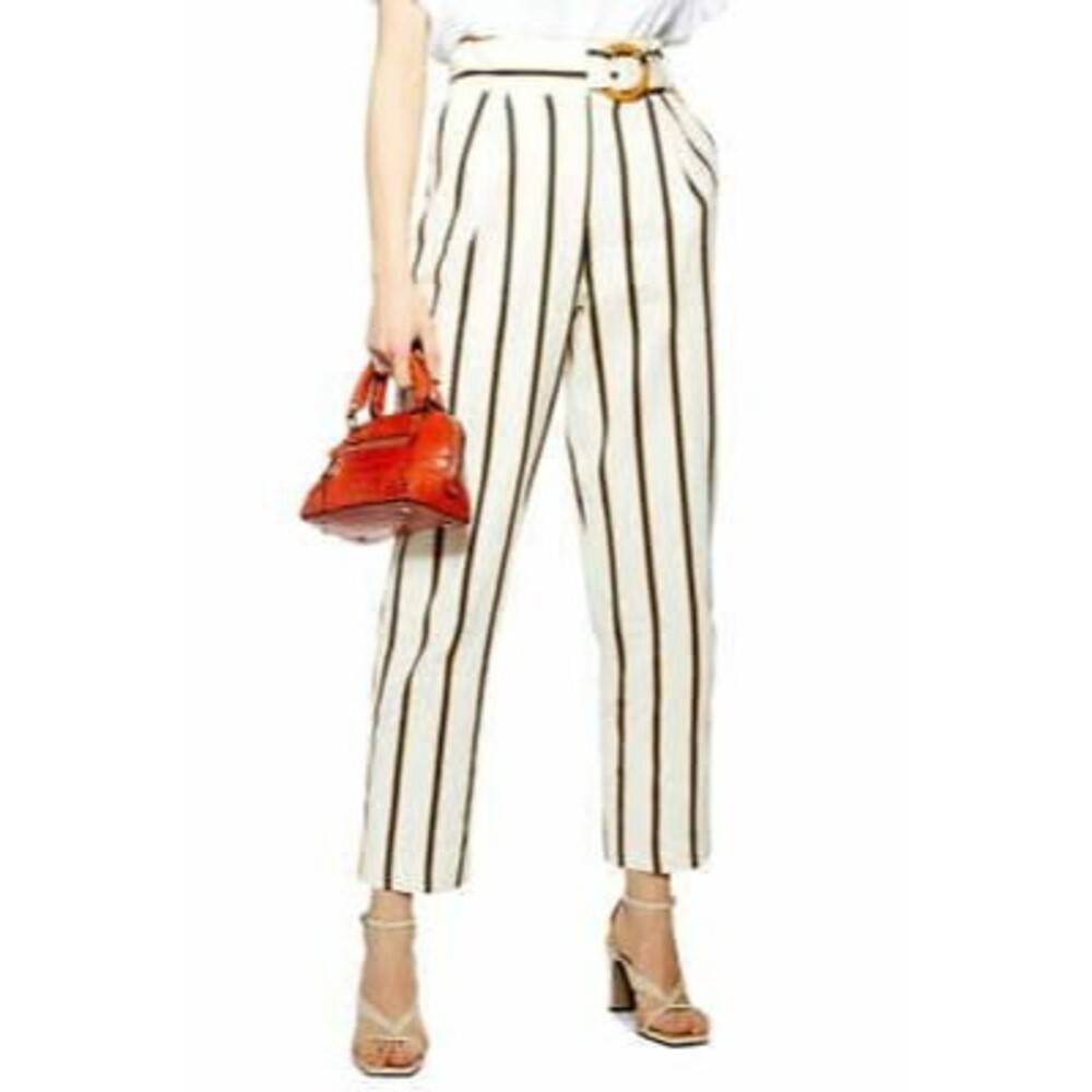 Topshop Wilma Peg Pants Size 6 Belted Trousers Striped Blue Ivory NEW Tag B68